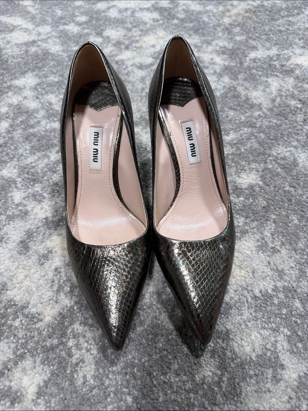 Miu Miu Metallic Gunmetal Textured Pointed-Toe Pumps